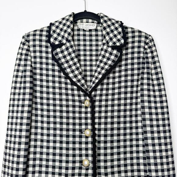 St. John Collection Plaid Knit Scalloped Blazer Jacket Black White Size US 8 - Picture 2 of 7
